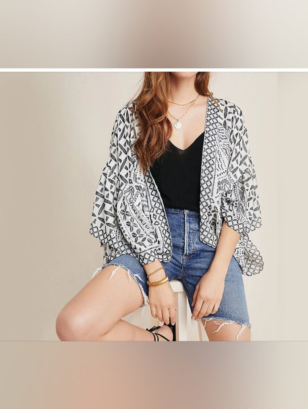 Anthropologie Black & White Geometric Open-Front Women's Kimono Sweater